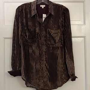 Anthropology, Pilcro, chocolate brown, velvet striped shirt women’s xs